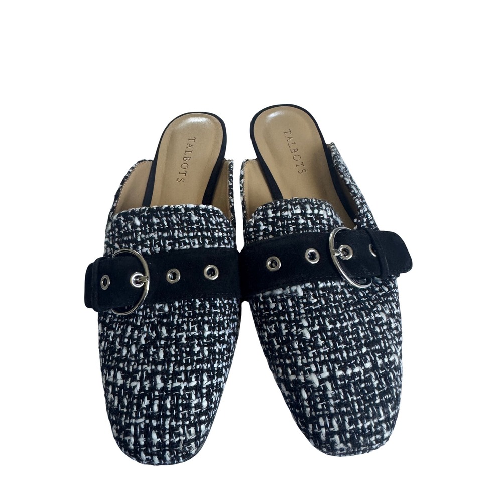 Talbots Mules Womens 8.5 Black Tweed Buckle Slip On Pointed Toe Flat Loafer Shoe